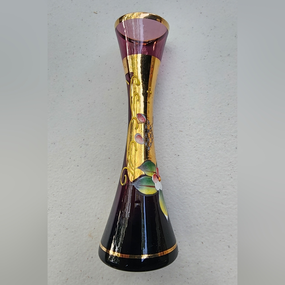 Amythest Glass Bud Vase With Handpainted Flowers And Gold
